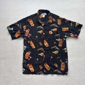 Utility Tiki Cocktail Shirt Mens Medium Black Rayon‎ Short Sleeve Button Down